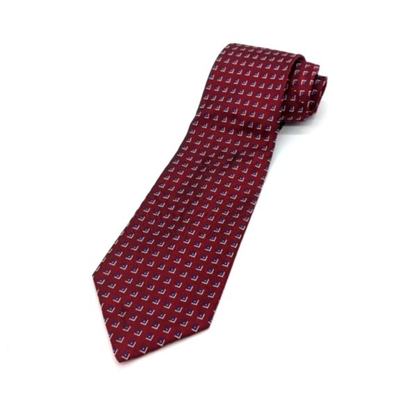 Lauren Ralph Lauren Men's Tie Red Blue Geometric 100% Silk - Picture 1 of 7